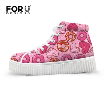 

FORUDESIGNS Autumn Women Classic High Top Platform Shoes 3D Pink Donuts Print Casual Creepers Shoes for Ladies Flats Female Shoe