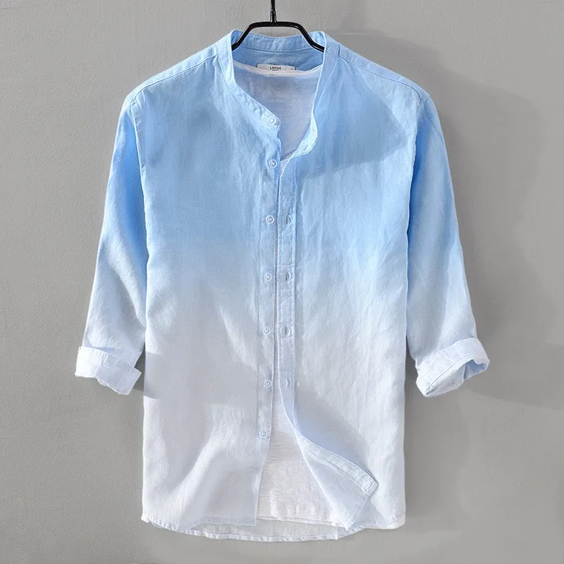 

Spring Autumn Men Fashion Brand Chinese Style Vintage Linen Gradient Blue Color Three Quarter Shirt Male Casual Thin Shirt Cloth