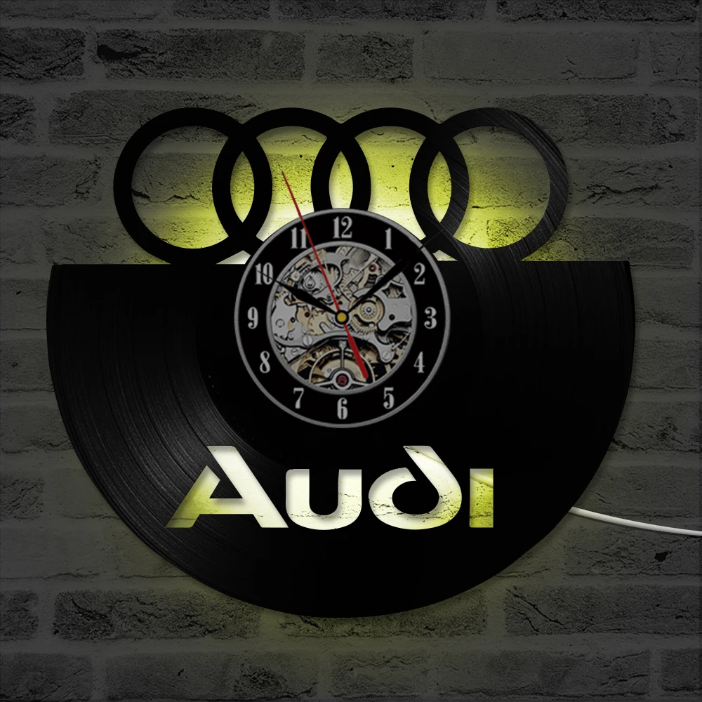 Черный полый звуковой логотип cd пластинка настенные часы Audi подарок искусство Декор светодиодный запись старинное украшение персонализированные домашний декор