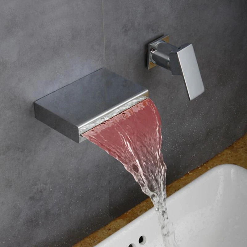 Настенный светодиодный светильник для ванной комнаты, кран для раковины, широко распространенный водопад, настенные смесители, контроль температуры горячей и холодной воды ELK911