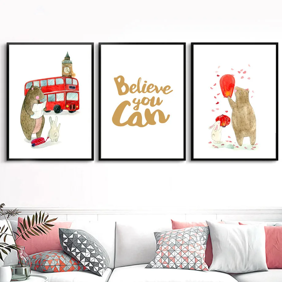 Watercolor-Bear-Rabbit-Bus-Motivational-Quotes-Wall-Art-Canvas-Painting-Nordic-Posters-And-Prints-Wall-Pictures