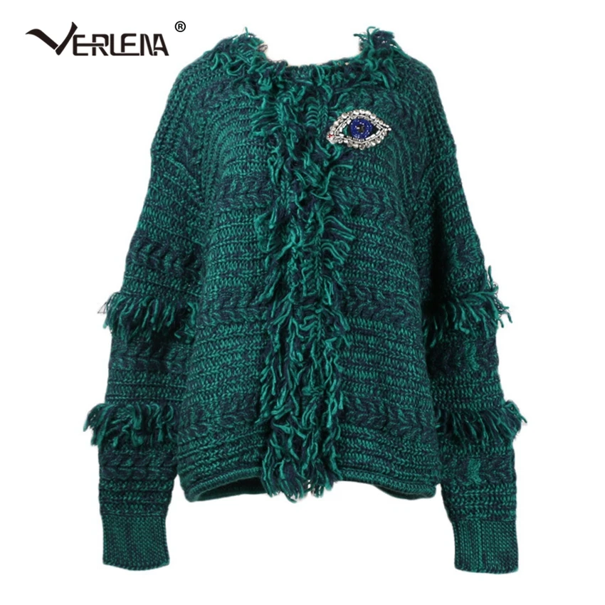 

Verlena Autumn 2018 Long Sleeve O-Neck Cardigan Women Fringe Vintage Green Sweater Women Rhinestone Beading Eye Coat Sweaters