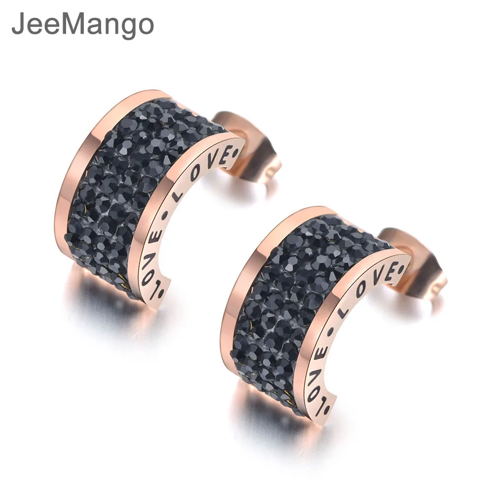 

JeeMango Stainless Steel Semicircle Black Rhinestone Love Wedding Earrings For Women Rose Gold Engagement Earrings JE19047