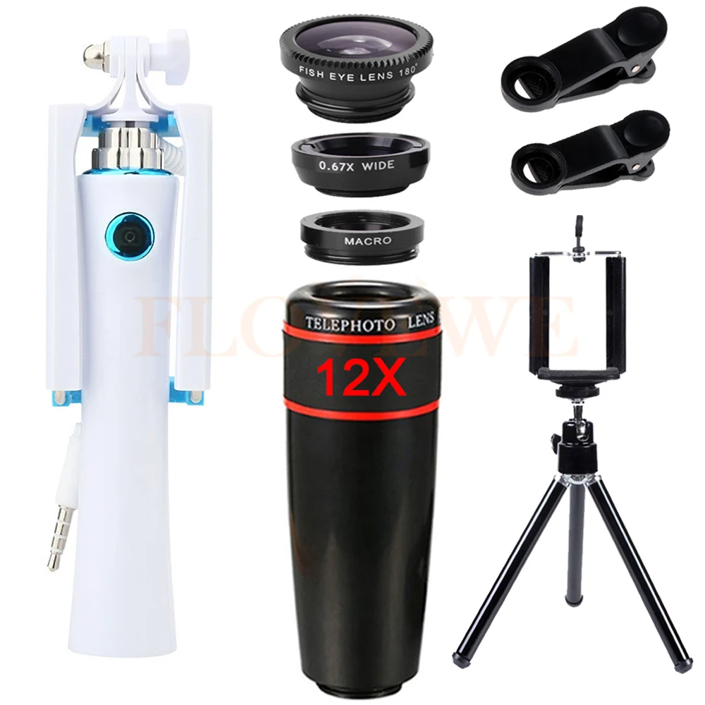 

12X Telephoto Zoom Lenses Telescope Wide Angle Macro Fisheye lens For iPhone Cell Phone Lentes Mobile Tripod Mini Selfie Stick