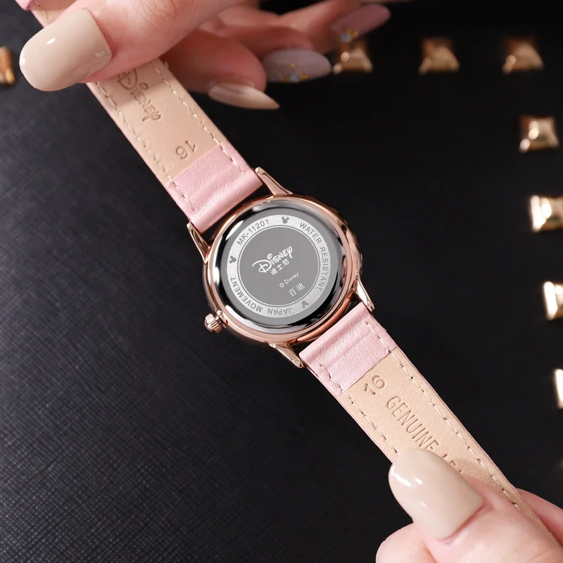 Дисней для женщин Микки Маус Цветок Дизайн Кожаный ремешок кварцевые часы дамы сталь покрытие девушка мода розовый наручные часы водонепроницаемый