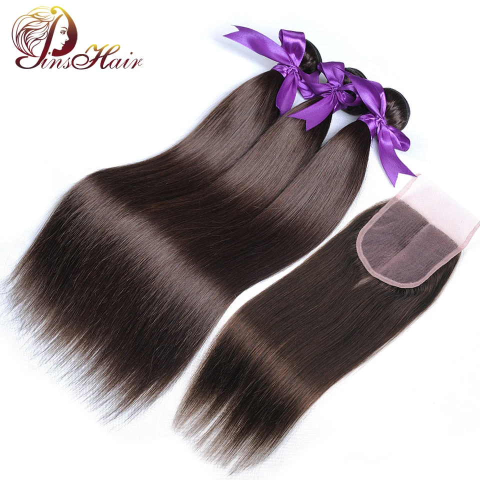 

Pinshair Light Brown #4 Straight Hair Bundles with Closure Peruvian Weaves Human Hair 3 Bundles with Closure Non-Remy 10-26 Inch