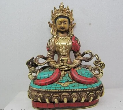 

007631 6 Tibet Pure Bronze inlay beryl turquoise coral Amitayus longevity Buddha Statue