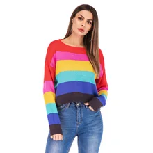 Rainbow Stripes Pullovers Women Sweater Jumper Knitwear 2019 Fashion Loose Sexy O Neck Female Sweaters Colorful Pull Clothing