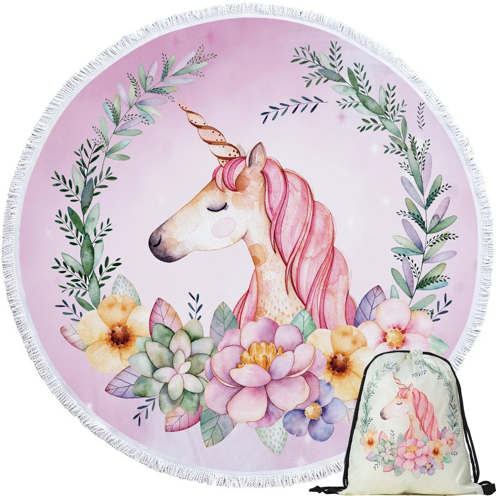 

Cartoon Unicorn Series Large Beach Towel Adult Microfiber Round Swimming Pool Sports Yoga Blanket Drawstring Backpack