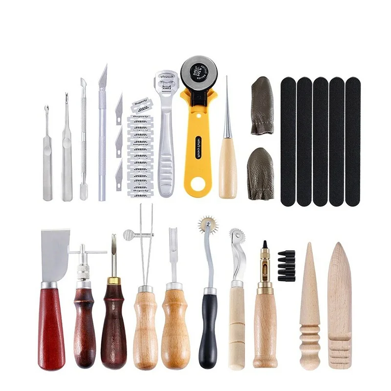 

24Pcs/Set Thread Awl Waxed Thimble Stamping Handmade Hole Punch Stitching Sewing Cutting Hi-Quality DIY Leather Craft Tools Set