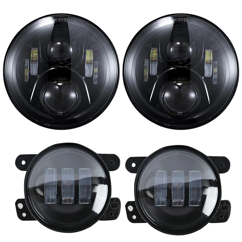 

7" LED Headlights Black Projector + 4" LED Fog Lights Assembly w/H4 to 9007/9008 Adaptors for Jeep Wrangler 1997-2018 J