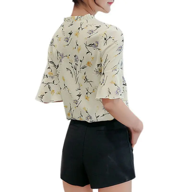 Летняя женская шифоновая блузка с расклешенными рукавами, рубашки, модные топы с цветочным принтом, женские блузки для девушек