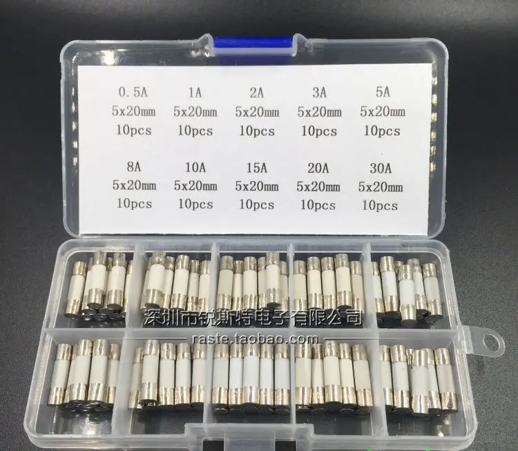 100 шт./лот 5x20 мм Электрический Ассорти предохранитель Ампер быстрый удар керамический предохранитель микс набор с коробкой 0.5A 1A 2A 3A 5A 8A 10A 15A 20A 30A
