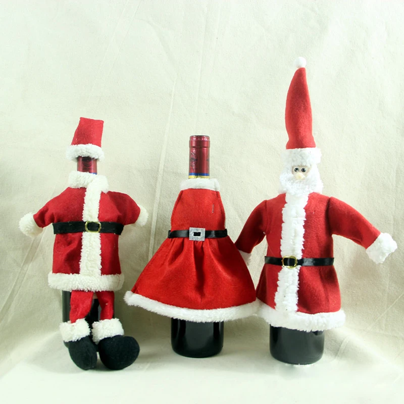 

High quality New Cute Santa Claus Apron Christmas Red wine Bottle bags cover clothes set home dinner party gift Decoration