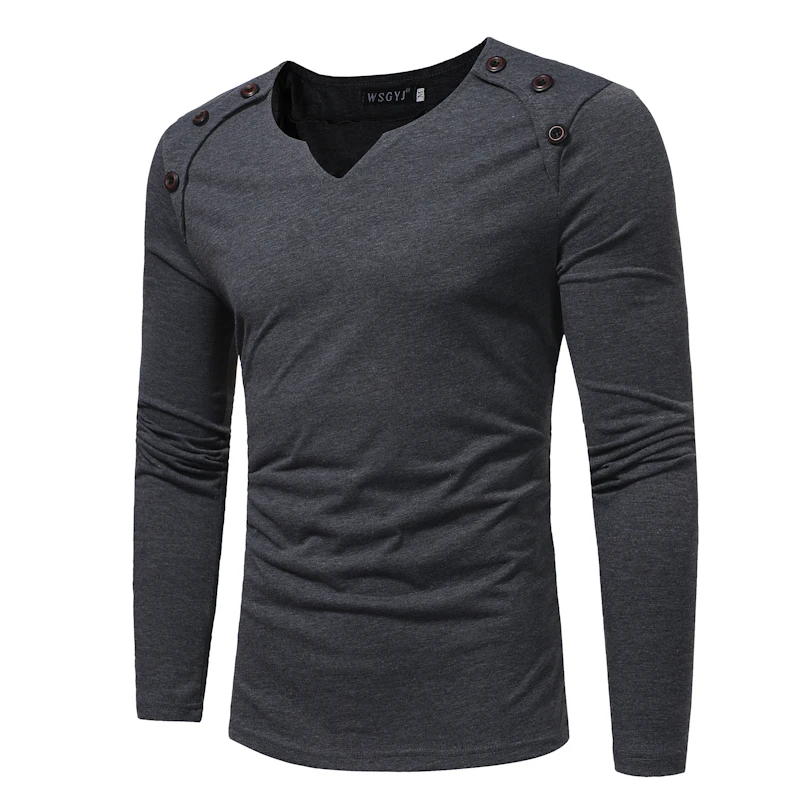 

Male 2018 Brand Long Sleeve Button Splicing Solid Color T Shirt V-Neck Slim Men T-Shirt Tops Fashion Mens Tee Shirt T Shirts 3XL