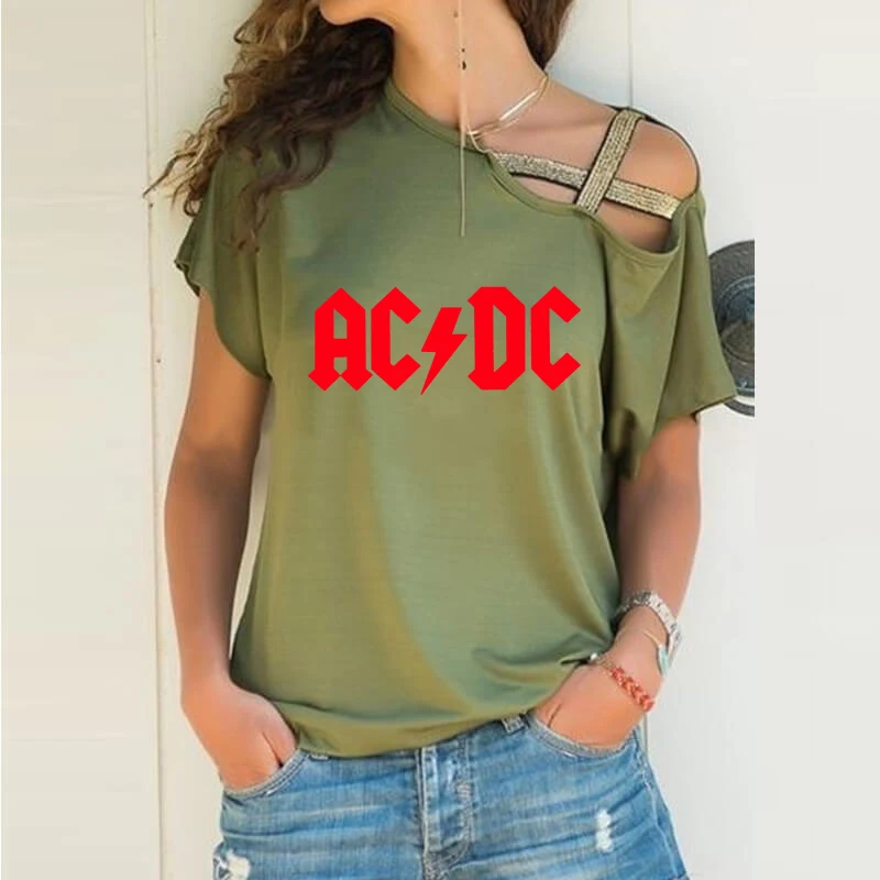 

AC DC Letter Print T-shirt Women Girlfriend gifts Loose Tops Punk Harajuku Irregular Summer Skew Neck Cross Bandage T-shirt