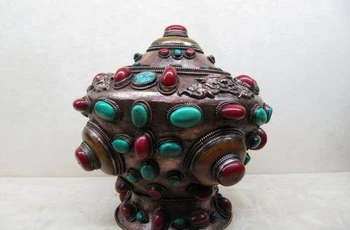 

9"Tibet Copper Bronze inlay turquoise coral Gem crock Pot Vase 8.02