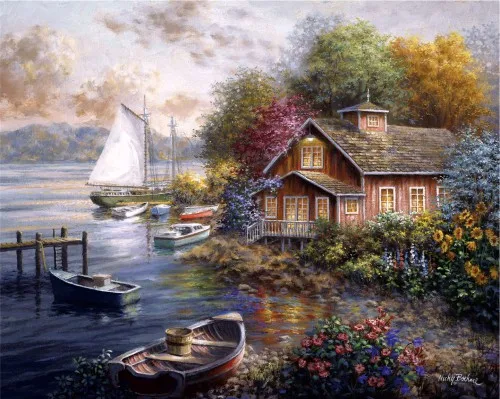 

The Seaside House Ship Scenery Needlework,For Embroidery,DIY DMC 14CT Unprinted Cross stitch kits Cross-Stitching Decor Crafts