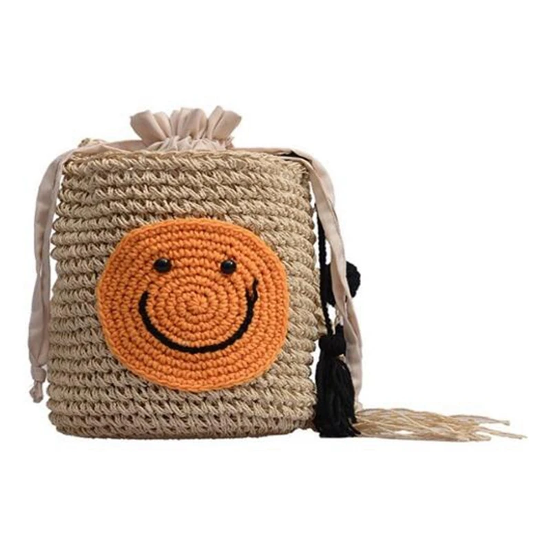 

Fashion Smile Bucket Bag Summer New Straw Female Bag Trend Rattan Shoulder Sling Small Bag