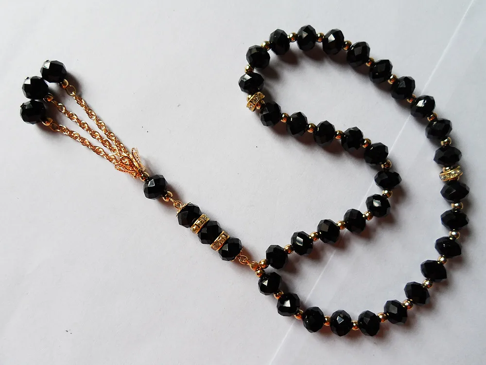 Винтаж мусульманские религиозная молитва бусины 2R Веревка Цепи стрейч tasbih браслет ювелирные изделия, Черный Кристалл Ислам для