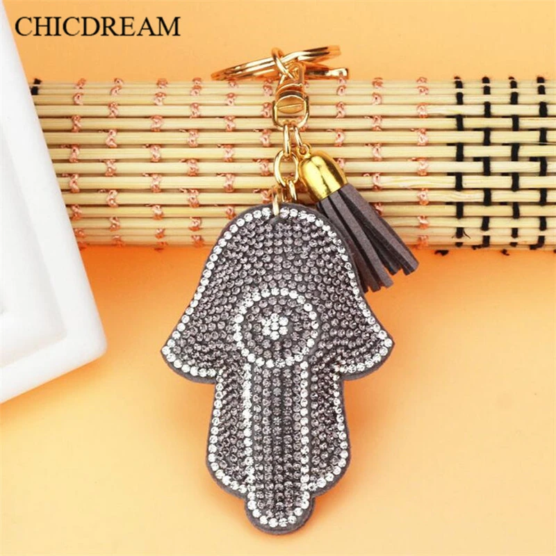 

6 Colors Romantic Car Keychain Hamsa Hand Shape Pendant Leather Rhinestone Key Finder Key Rings Women Bag Accessories