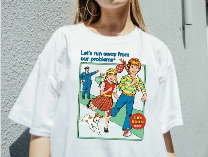 

HAHAYULE Vintage Retro Print T Shirt Woman Lets Run Away from Our Problem Short Sleeve O Neck Cotton Women Tops Women T-shirts