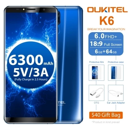 Oukitel K6 6," 18:9 полноэкранный 4G смартфон 6 ГБ ОЗУ 64 Гб ПЗУ 6300 мАч аккумулятор MT6763 Восьмиядерный Android 7,1 8 Мп мобильный телефон