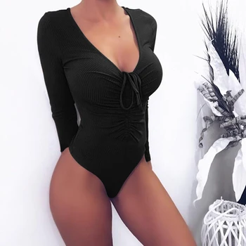 

Autumn Winter Sexy Women Long Sleeve Bodysuit V Neck Casual Plain Stretch Bardot Leotard Bodysuit