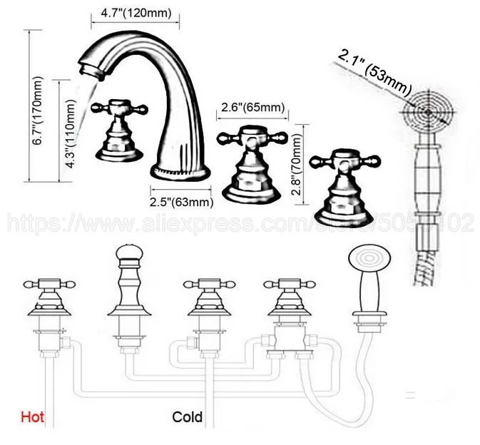 Deck Mount Antique Red Copper Bathroom Bathtub Faucet 5 Holes Three Handle Control with Hand Shower Tub Mixer Tap ztf182