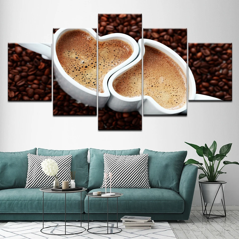 

5 Pieces Painting Coffee Bean Picture Heart Shaped Cup Poster Kitchen Restaurant Home Decor Modular Canvas Wall Art Prints
