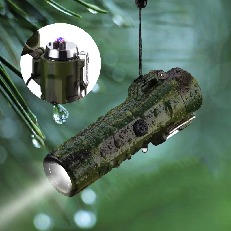  Newest Creative Outdoor camping LED flashlight windproof cigarette device double arc seal waterproo