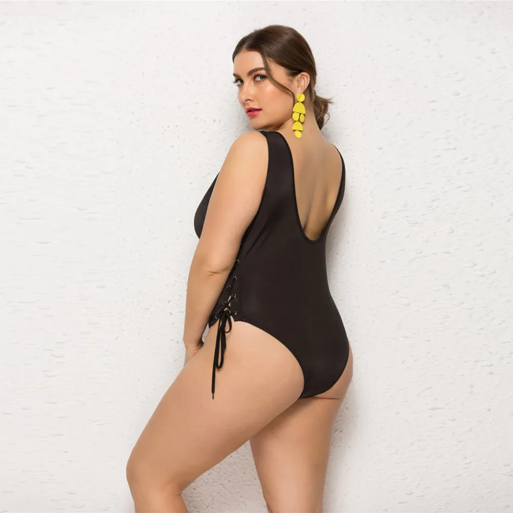 2019 women's plus-size bikinis set summer solid color deep V-neck one-piece hanging neck strap bikini swimsuit push up 40J8 (7)