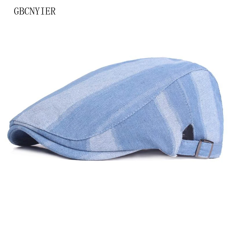 

GBCNYIER2018 Fashion Strip Denim Beret Men And Women Spring Casual Sun Hat Short Bone Brim Visor Summer Sunscreen Sunbonnet Fash