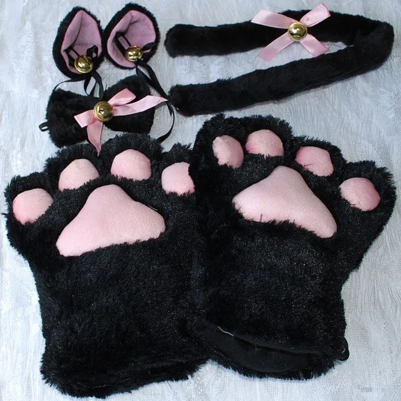 1 Set New Anime Cosplay Costume Gloves Sweet Cat Animal Ears Plush Paw Claw Gloves Tail Bow-tie Christmas Party Accessories