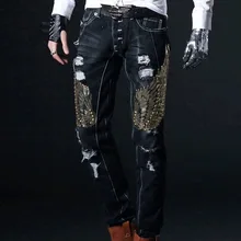 Мужские модные хлопковые джинсы с блестками и крыльями орла, джинсовые брюки, рваные потертые повседневные джинсы для фитнеса в стиле рок, панк, Homme