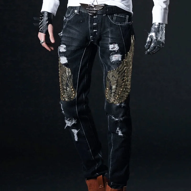 

Mens Fashion Sequins Eagle Wing Cotton Jeans Pants Denim Trousers Ripped Washed Casual Fitness Personality Rock Punk Homme Jeans