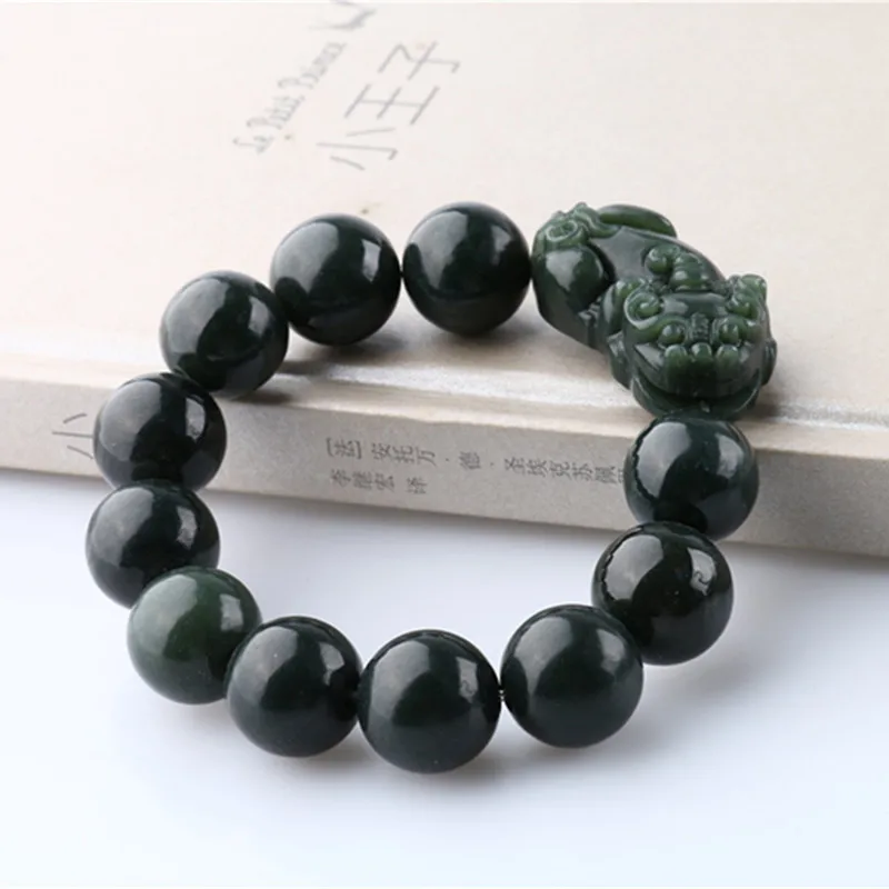 

Dark Green 100% Natural Hetian Jade Bracelet Carving PIXIU Round Beads Women Men's Gift Bracelets Nephrite Qing Jades Jewelry