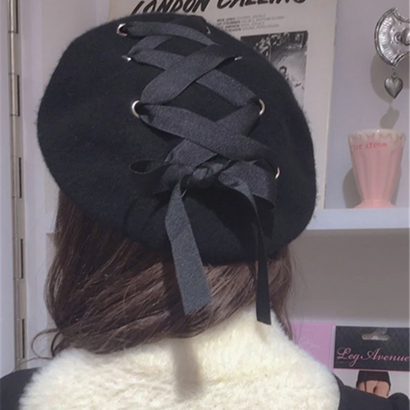 

HT838 New Bowknot Wool Beret Hats Korean Style Women Winter Hats Beret Solid Blue Black Fashion Painter Hats Stylish Hats Female