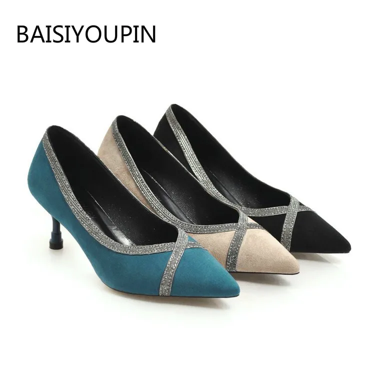 

Casual Women Pumps Shoes Shallow Fashion Shallow Frosted Upper Pointed Toe Slip-On Breathable 5cmThin High Heel Female Shoes