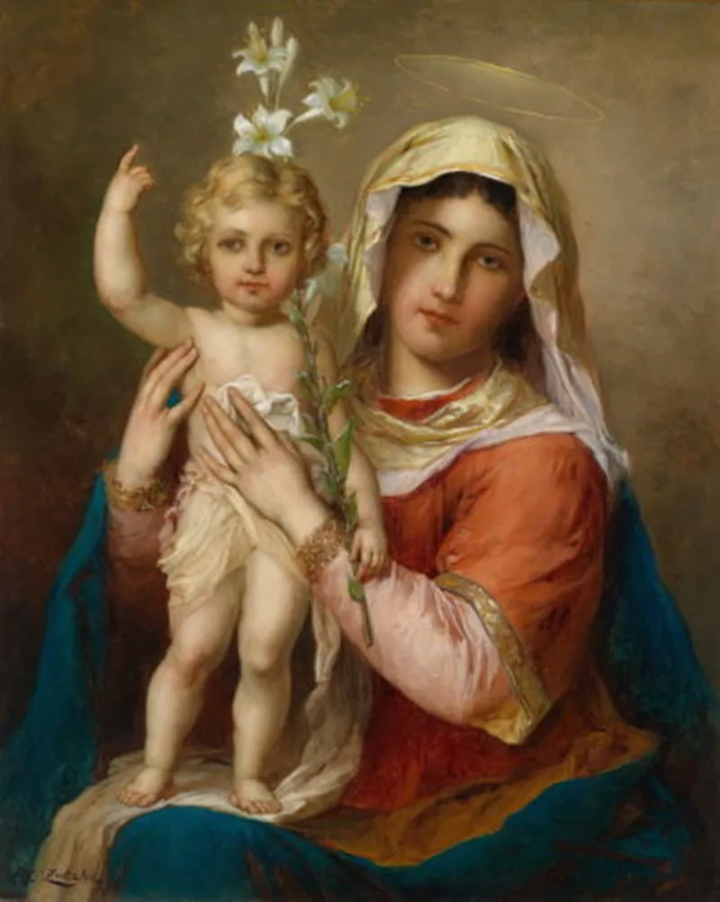 The Virgin Mary Madonna with Child Christ holding white flowers