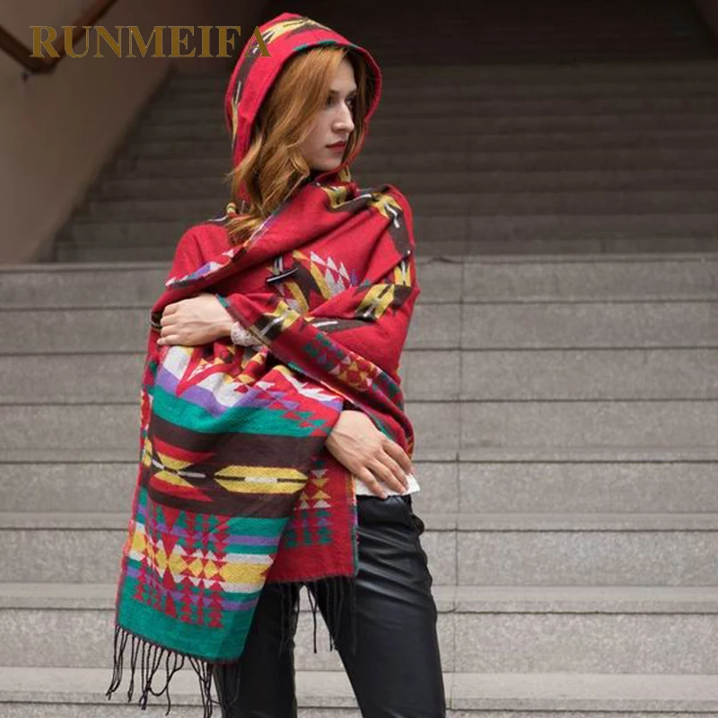 

New design Women's winter Bohemian Hooded Coat Cape Poncho Shawl Scarf Imitation CashmereTribal Fringe Hoodie Jacket gifts STOCK