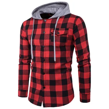 

Man Dress Shirts Brand 2017 Autumn Long Sleeve Plaid Hooded Casual Shirts High Quality Slim Fit Fashion Clothing for Men