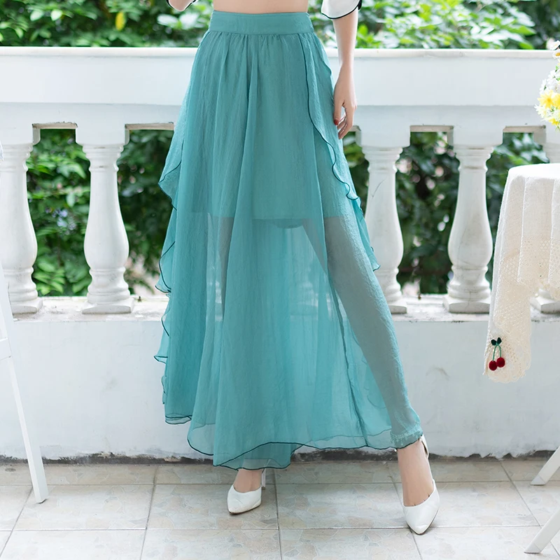 

#0673 Light Blue Asymmetrical See Through Wide Leg Pants Women High Waist Beach Pants Ladies Vintage Ladies Trousers Vintage