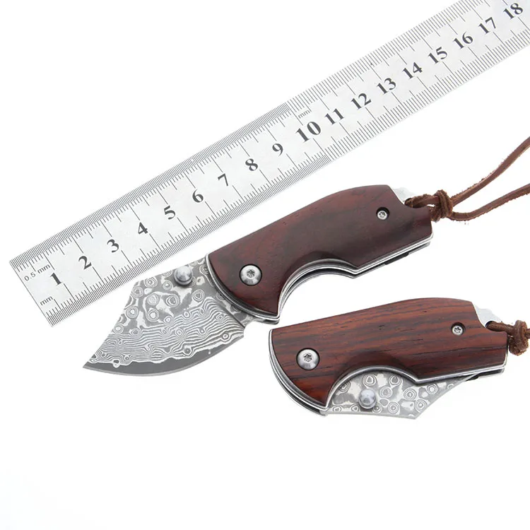 

Mini Damascus Key Knife 4.25"Inch Wood Handle Flip Damascus Blade Pocket Folding Knife EDC Tools Xmas Gift Free Shipping