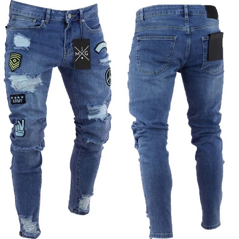 Для мужчин стильные рваные джинсы брюки для девочек Байкер узкие прямые потертые джинсовые мотобрюки Новая мода д