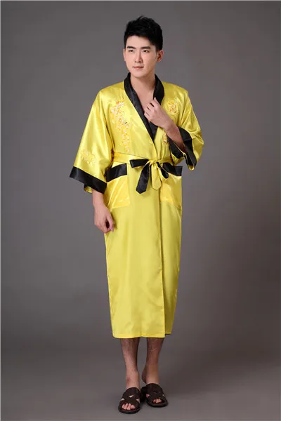 Черный темно-синий Реверсивный Мужской халат кимоно китайский Мужской Двусторонний Атласный халат вышивка Пижама с драконом плюс размер XXXL MP070 - Цвет: Gold