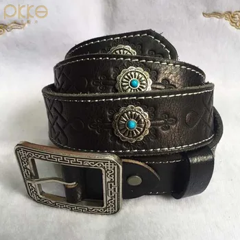 

Sculpture Alloy Embossing Dance Belt Women Retro Ethnic Style Genuine Leathers belt Pin Buckle Cow Leather Belt Inlaid Gemstone