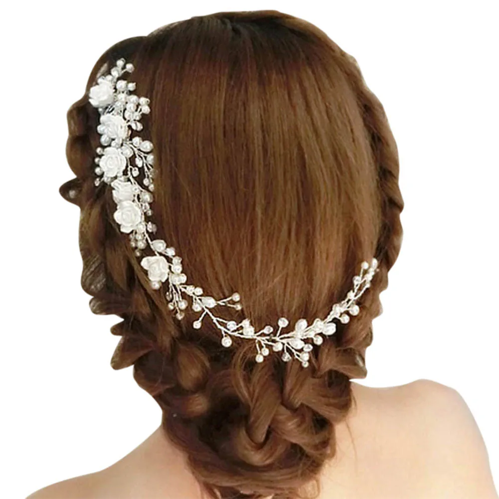 Wedding Hair Jewelry For Bridal White Flower Rhinestone Fake Pearl Hair Comb Lengthen Headdress Wedding Clip