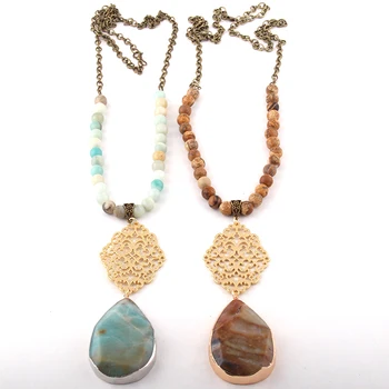 

Fashion Bohemian Jewelry 8mm Stone and Chain Metal Grid Link Drop Necklaces For Women Ethnic Necklace