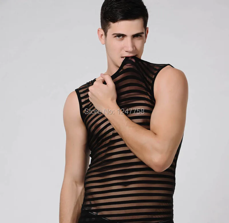 

Avant Garde Men Sleeveless T Shirt Striped See Through Mesh Slim Tank Top Vest